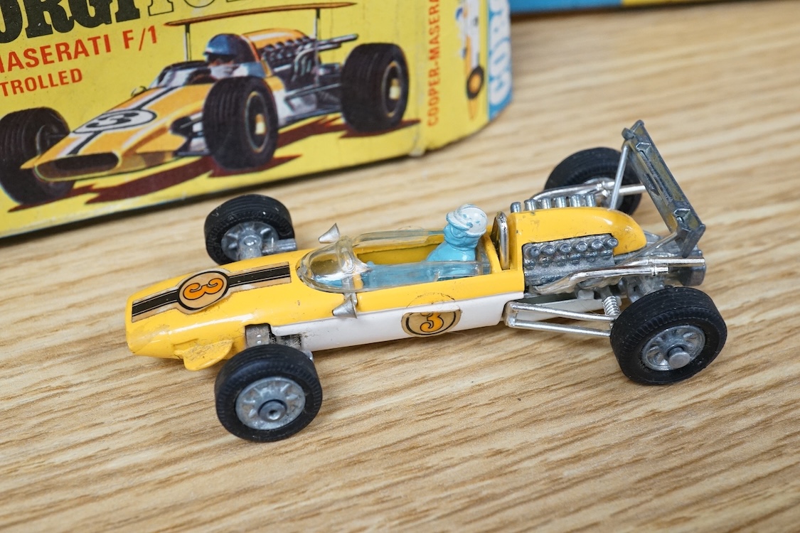 Nine boxed Corgi Toys; Land Rover with Ferrari Racing Car on Trailer (GS No.17), Land Rover (438), Lotus-Climax F1 (158), Cooper-Maserati F1 (159), Chevrolet Fire Chief’s car (482), Chevrolet Police Car (481), MGB GT (32